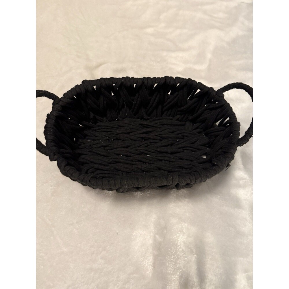 Black Woven Storage Basket w Handles Decorative Organizer Handmade Rope Tray